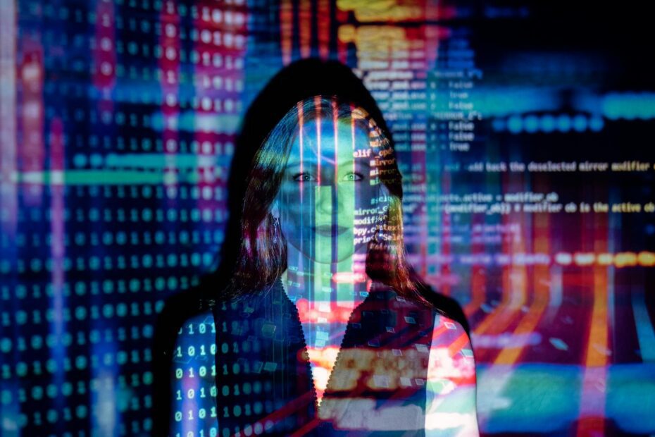 Lady in colorful light computing